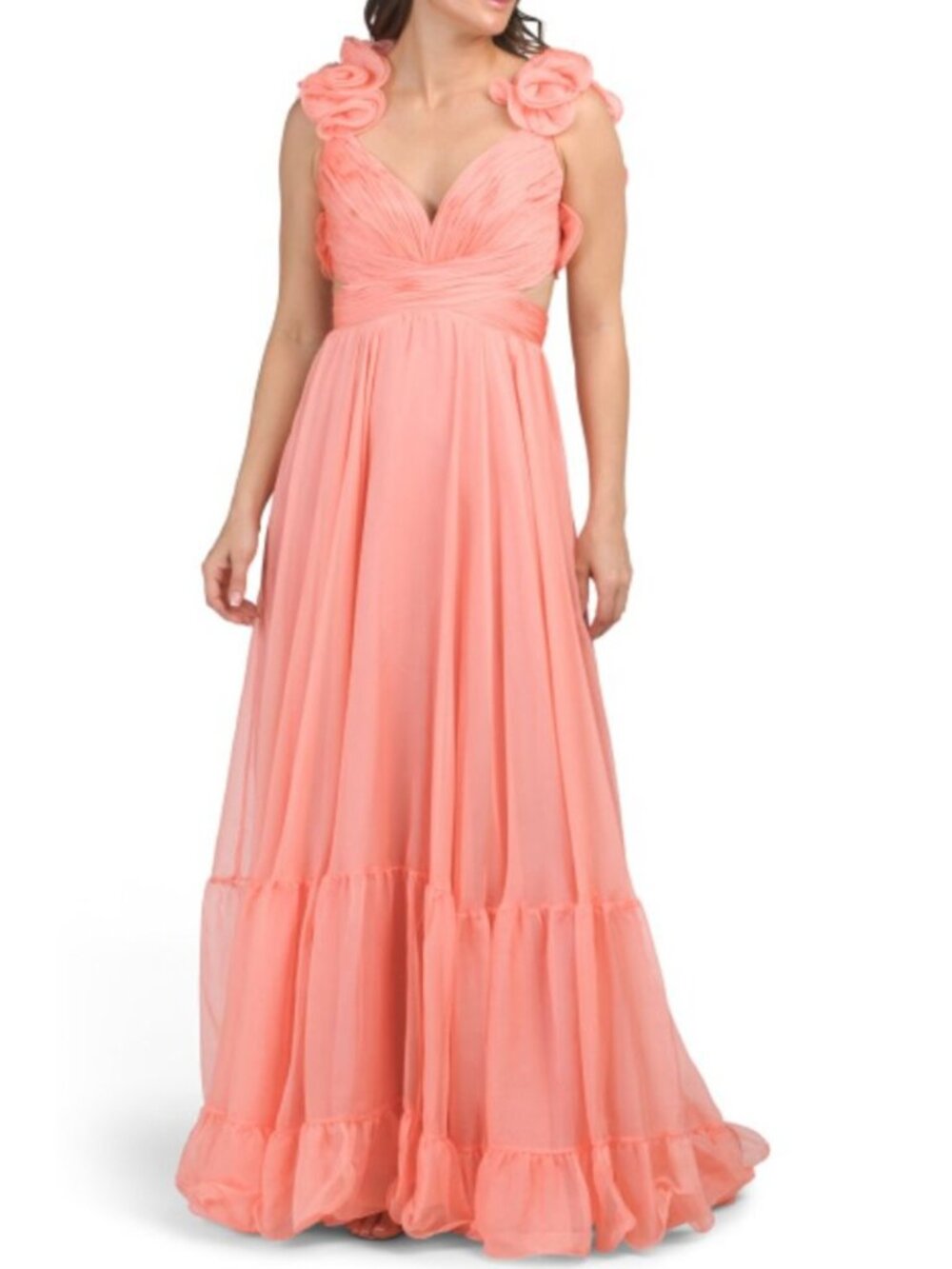 MAC DUGGAL Sleeveless Ruffle Shoulder Gown